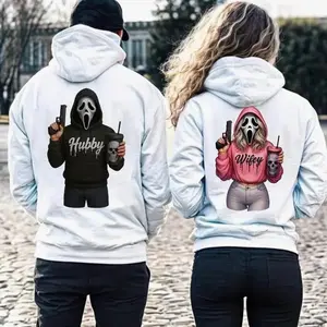 Wifey & Hubby Ghostface Halloween Couple Matching Hoodies Graphic Hoodie Pullover Hooded Sweatshirt for Women for Men, Perfect Gift, Trendy Best Gift
