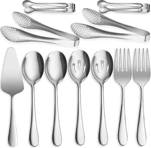 11 PCS Stainless Steel Serving Utensils Set – Large Spoons, Forks, Tongs, Pie Server – Perfect for Buffet, Catering, Banquet, Party – Silver Hostess Gift
