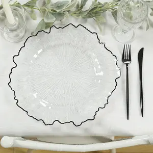 6-Pack Plastic Charger Plates 13", Round Clear Reef Design with Black Rim - Decorative Dinner Party Serving Plates