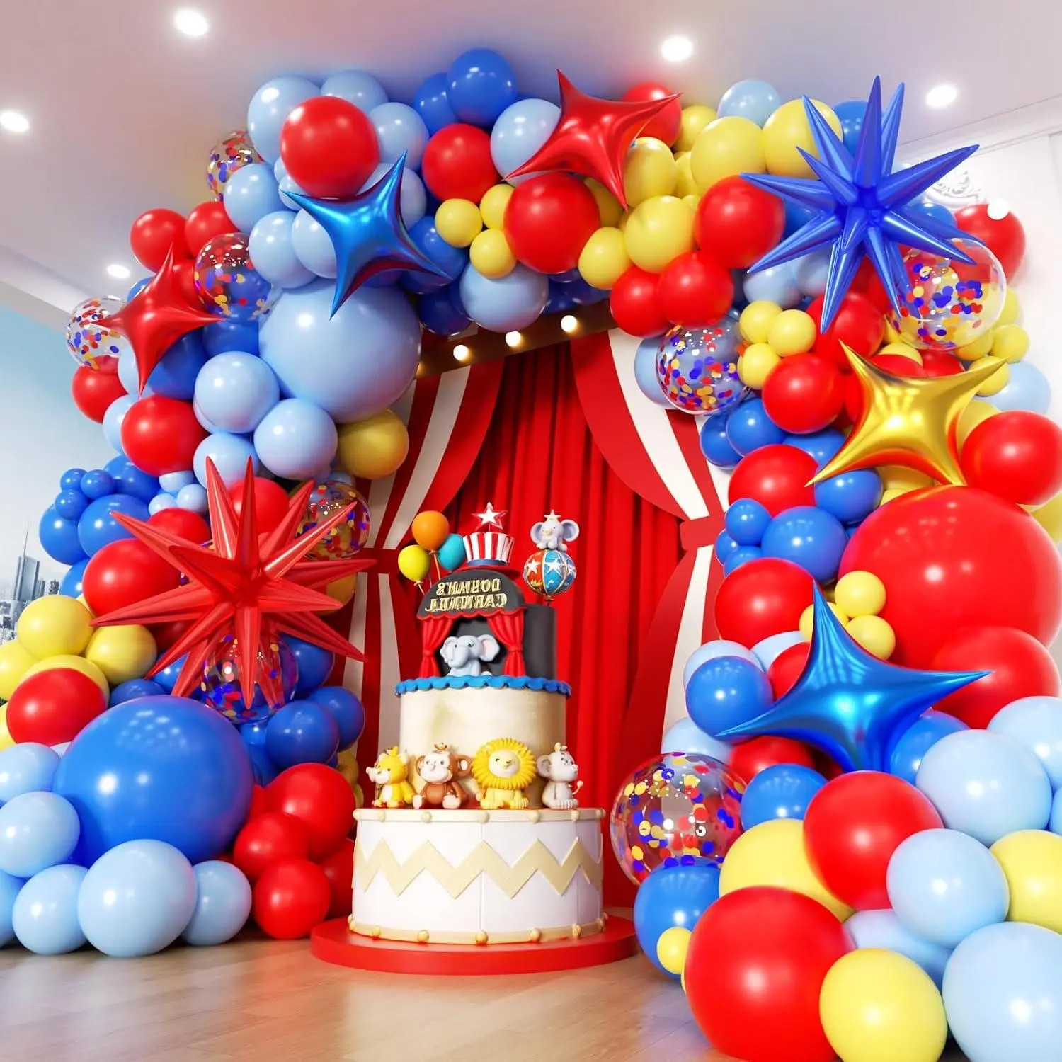 Carnival Balloon Garland Arch Kit 153Pcs With Star, Red Blue Yellow Primary Color Balloons Rainbow Multicolor Confetti Balloons For Birthday Carnival Circus Theme Carnival Party Theme Decor