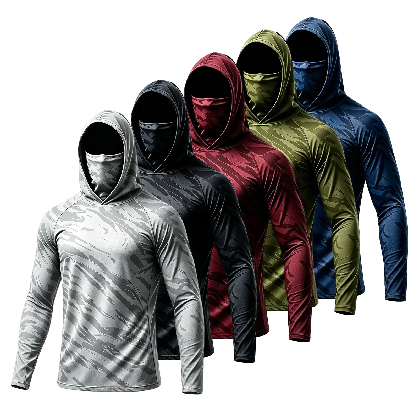 5 Pack Men Sun Protection Hooded Shirt with Built-in Mask, Quick Dry UPF 50+ Camo Long Sleeve Compression Shirts, Breathable Stretch Athletic Running Fishing Cycling Tops