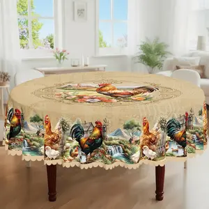 1pc, Rooster Themed Party Tablecloth, Spring Summer Vintage Chick Floral Country Style Printed Design, Rectangular/Round/Oval Table Cloth, Embossed Edge, Suitable For Indoor Outdoor Dining Picnic Dinner Dining Room Decoration