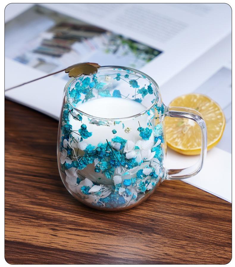 Double Glass Flower Tea Cup, 250ml Double Wall Glass Coffee Cup, Insulated Transparent Cup with Dried Flowers, Heat Resistant Drinkware Tumbler, New Year Gift.The top choice for Mothers Day Gift