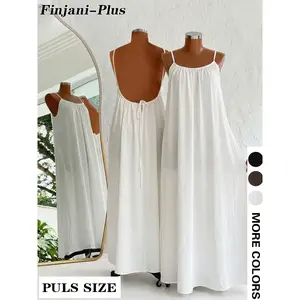 Plus Size Summer Cotton Linen Backless Strap Dress, Loose Vacation Long Dress, Beachwear Sundress, Casual Boho StyleRAIMENTRY