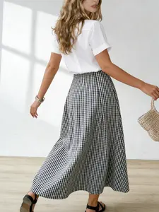 Women's Fashion French Vintage Plaid Pleated Zipper Skirt, High Waist Loose Fit, Casual Office Wear, Summer Street Style