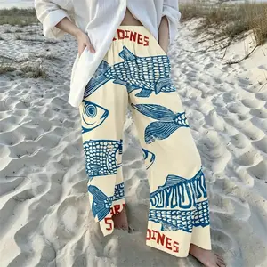 Women's Retro Nautical-Style Sardine Print Wide-Leg Pants with Contrasting Hand-Painted Prints Loose and Comfortable, They Exude a Literary and Vacation Vibe, Easily Creating a Casual Summer Look.comfy shorts .baggy jorts .summer bottoms