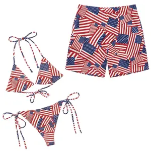 Camo Matching Couple Swimwear Set, USA Flag Stars Stripes Camouflage Bikini & Mesh Shorts outfits, Couple Beachwear