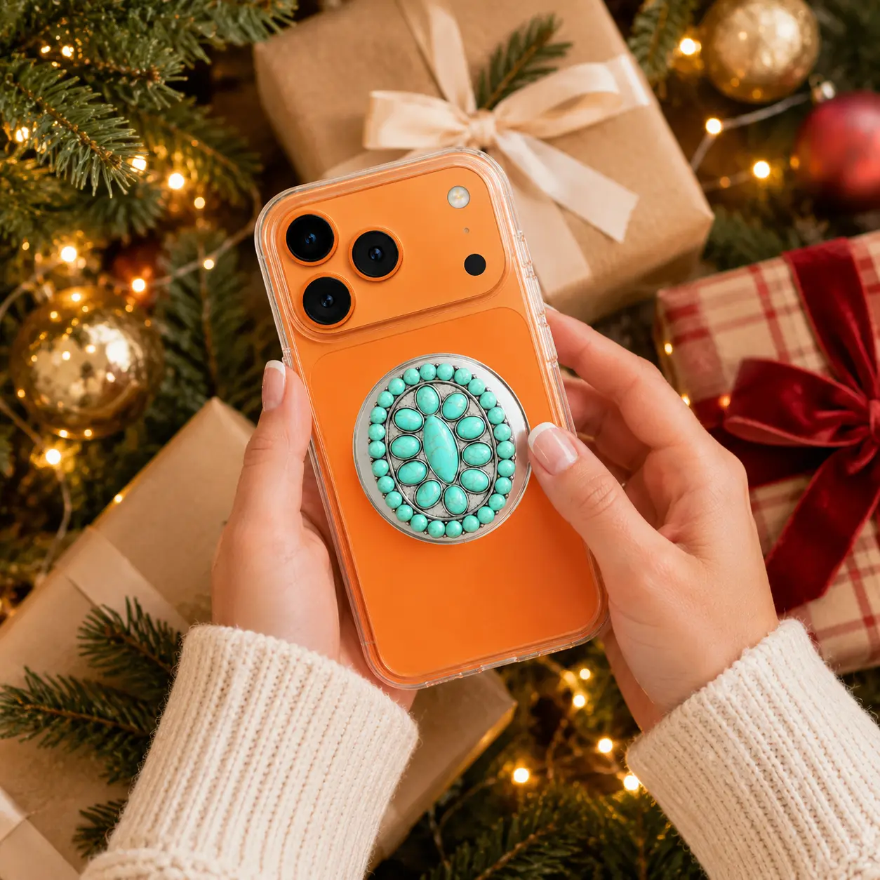 Chic Turquoise Jewelry Style Phone Grip with Kickstand - Durable Resin Alloy Accessory, Antique Silver Frame, Expand-Contract Design, Collapsible for Tight Bags, Secure Hold for Cellphone/Smartphone, MagSafe/Wireless Magnetic Mount Compatible