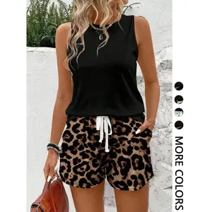 Women's Fashion Vest Sleeveless + Leopard Print Shorts Set, Casual Loose Fit Home Wear, 2 Piece for Daily Use
