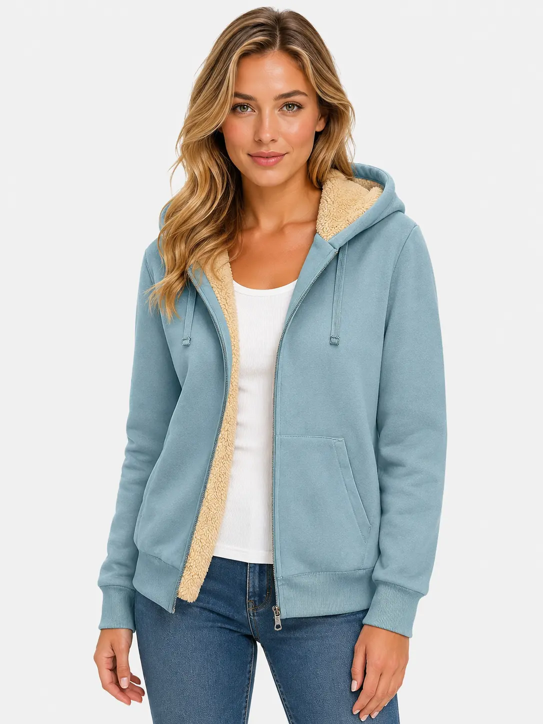 ZITY Women's Polycotton Basic Solid Fleece Zip-Up Hoodie Jacket - V-Neck, Long Sleeve, Medium Length, Thick Sherpa Lined, Winter Warm Casual Top, Machine Wash, No Shrink, 2XL, Imported Ideal Gift