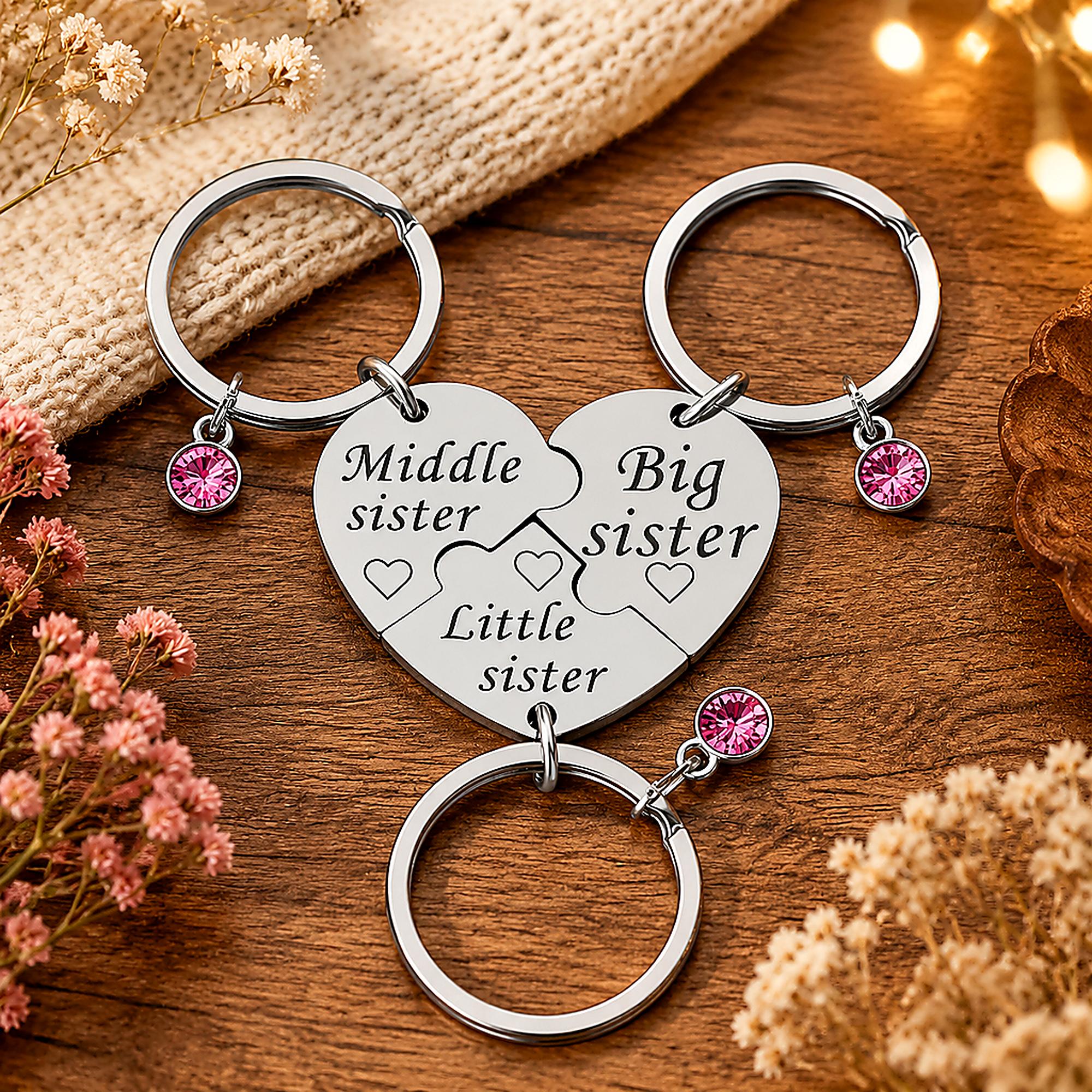 3PCS - Sister Keychain Set Gift for Big Middle Little Sisters Birthday Graduation Christmas Sisters Day Gifts - Stainless Steel Puzzle Heart Keyring with Pink Crystal Charm, Matching Sisterhood Gift - Veyla 3PCS - Sister Keychain Set Gift for Big Middle Little Sisters Birthday Graduation Christmas Sisters Day Gifts - Stainless Steel Puzzle Heart Keyring with Pink Crystal Charm, Matching Sisterhood Gift - Veyla