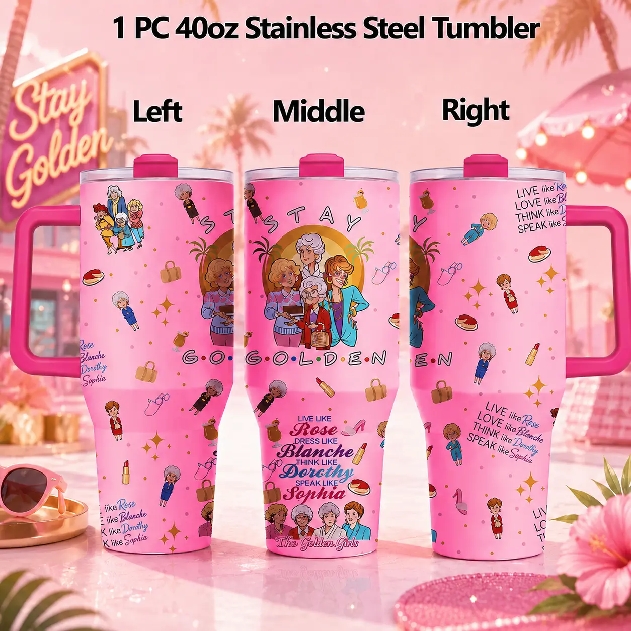 Golden Girls 40oz Pink Tumbler with Handle and Lid, Retro TV Show Stainless Steel Travel Cup, Rose Blanche Dorothy Sophia Insulated Drinkware, Gift for Women Mom Grandma Best Friend