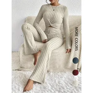 Women's Solid Ribbed Twist Tee & Flare Leg Pants Set, Elegant Fashion Casual Round Neck Long Sleeve Top & Trousers for Daily Outdoor Wear, Women's Clothing for Fall & Winter, Womenswear