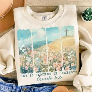 FaithHaus - Christian Bible Verse Clothed with Strength Sweatshirt/ shirt Wildflower Christian Bible Verse Brushstroke Christian Boho Jesus, Faith, God, Maman