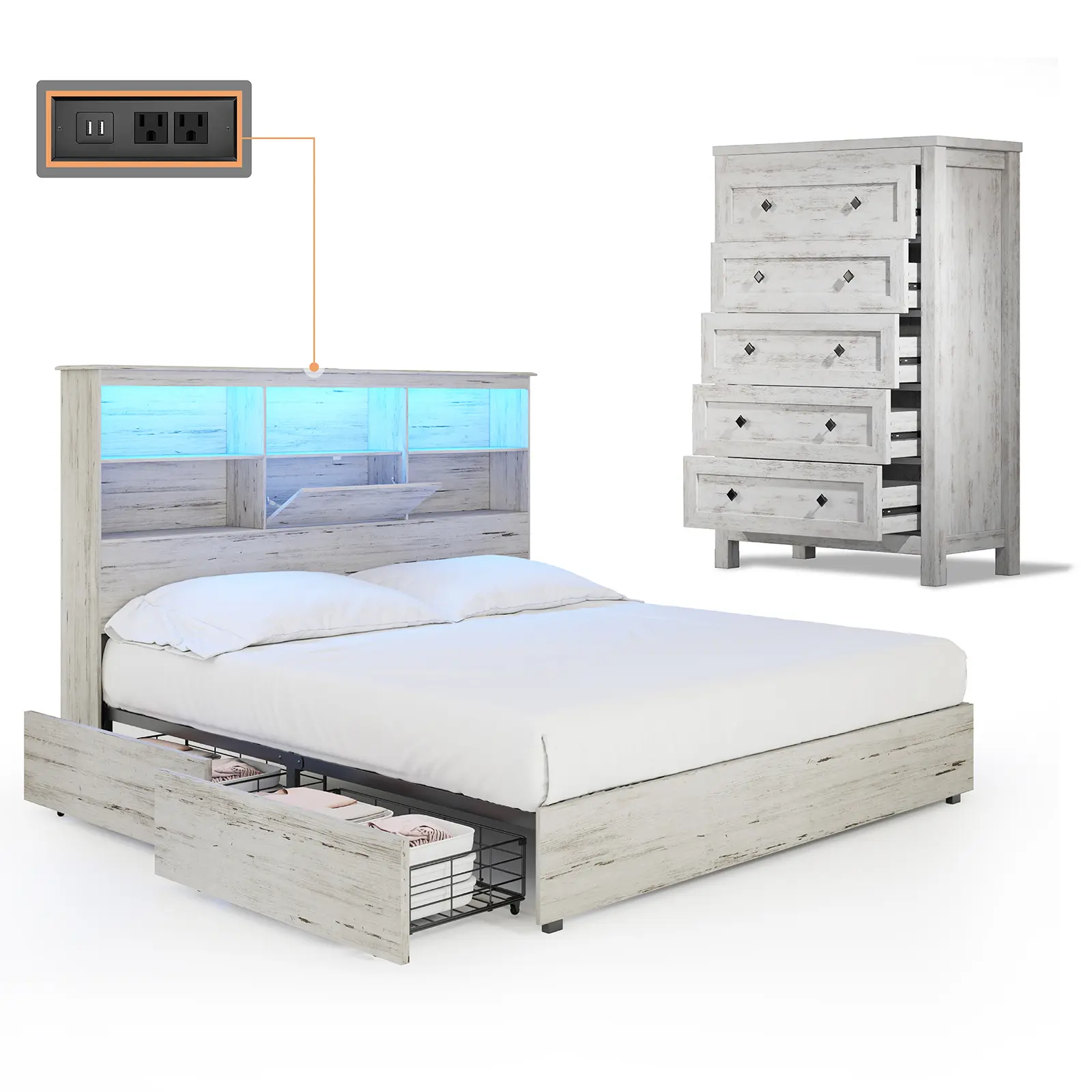 VanAcc 2-Piece Bedroom Set, Farmhouse Bed Frame and 5 Drawers Dresser, Wooden Storage Bed with Charging Station & 4 Drawers, Tall Dressers Organizer with Metal Handles for Bedroom