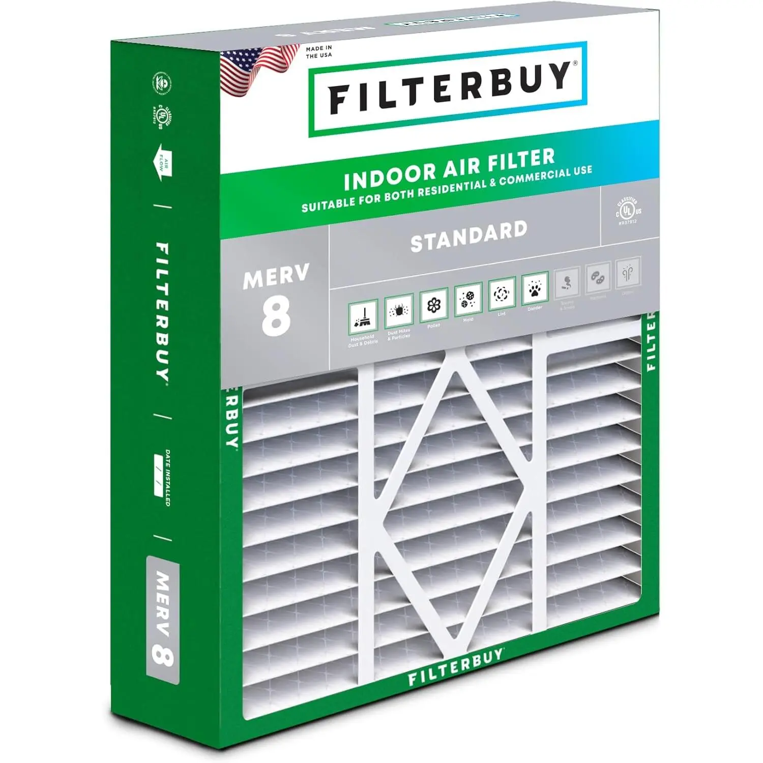 Filterbuy 20x20x5 Air Filter (1-Pack), Eco-Friendly Electrostatically Charged Pleated MERV 8 Dust Defense HVAC AC Furnace Filter, Endures 200°F Temperatures, Withstands Moisture, Fits Amana, Coleman, Goodman, Maytag, York & More, Endures Temperatures Up T