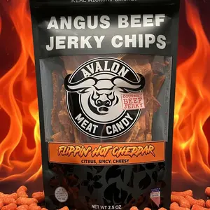 Avalon Meat Candy Flippin Hot Cheddar USDA Angus Beef Jerky Chips 2.5oz Bag Crunchy Crispy Style Snack Spicy Cheesy Flavor
