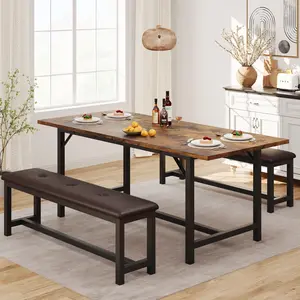 3-Piece Extendable Dining Table Set for 4-6, 47"-63" Industrial Kitchen Table with 2 Upholstered Benches, Space-Saving Rectangle Dinette with Metal Frame & MDF Top, Brown for Apartment & Dining Room