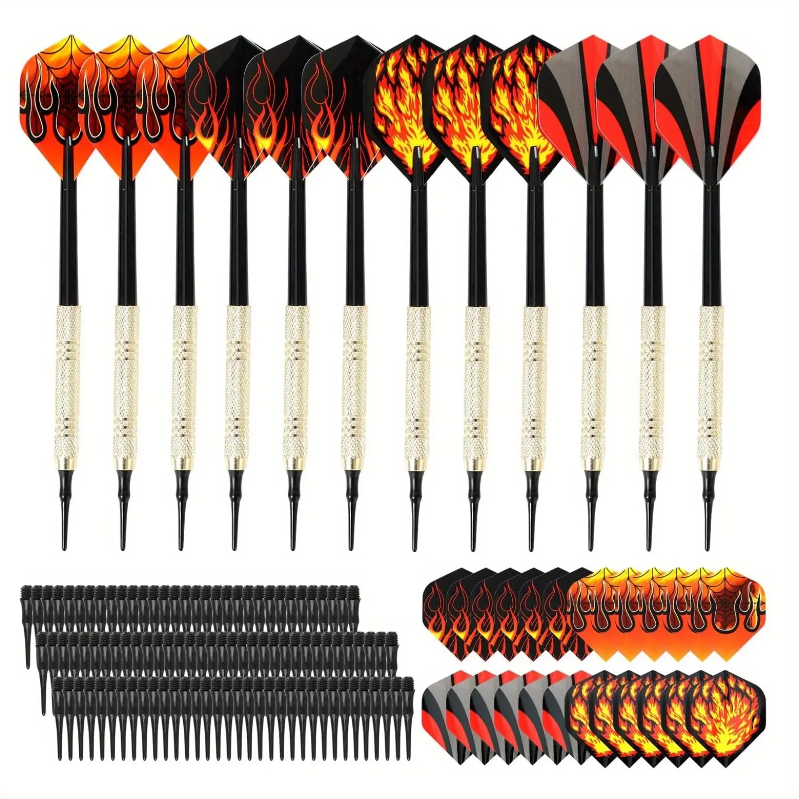 12 Pcs Soft Tip Darts Set with 24 Tails & 100 Extra Tips | Safety Plastic Kids Darts for Indoor Play | Flame Pattern Family Game | Darts Gear