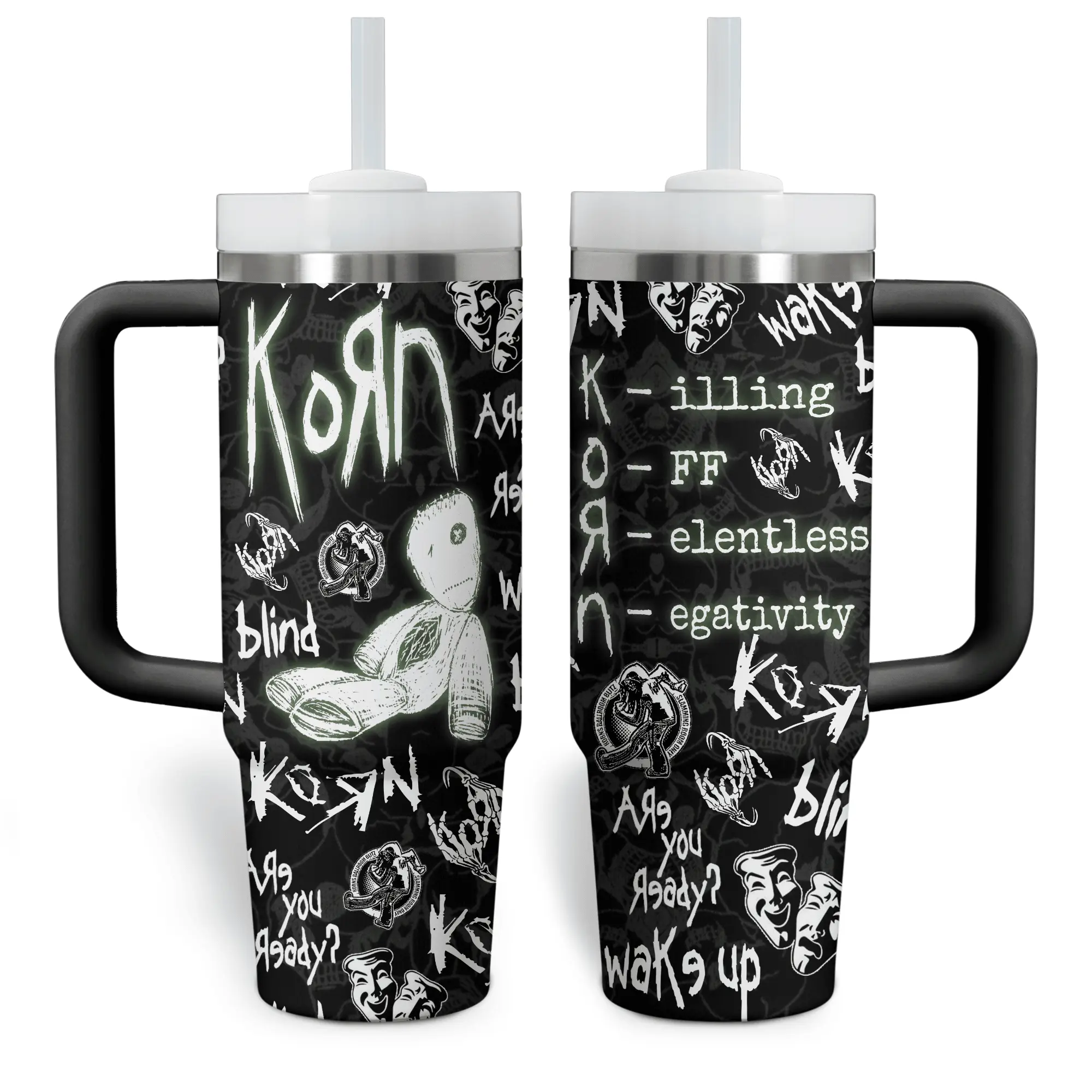 Korn 40oz Tumbler with Handle & Straw, Alternative Metal Insulated Travel Cup, Freak on a Leash Inspired Gothic Music Merch, Dark Nu Metal Stainless Steel Mug, Rock Band Fan Gift