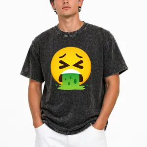 Graphic Washed T-Shirt Featuring Emoticon Face Throwing Up Design – Casual & Unique Style Tee