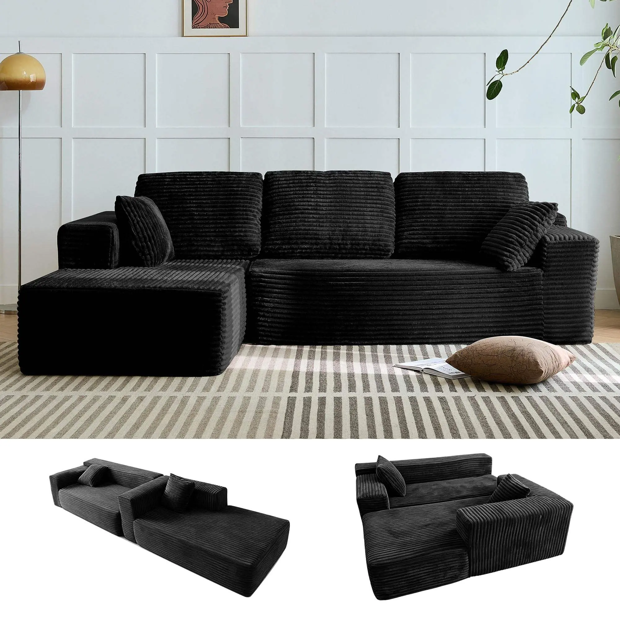 Modern L-Shaped Armless Corduroy Cozy Reclining Sofa - Multi-Seat Sectional Cloud Comfy Couch, Ergonomic Support, Storage Ottoman, Boneless Upholstered, Convertible Bed, Pre-Assembled Living Room Furniture Decor