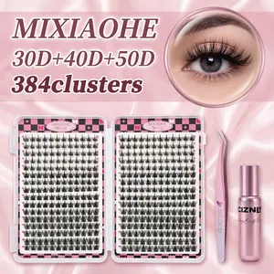MIXIAOHE 30D+40D+50D Lash Clusters Kit, 384 Clusters Mixed Length False Eyelashes with Lash Bond & Seal, Remover, Tweezers, Natural Individual Eyelash Extensions, Lightweight Flawless Makeup Lashes