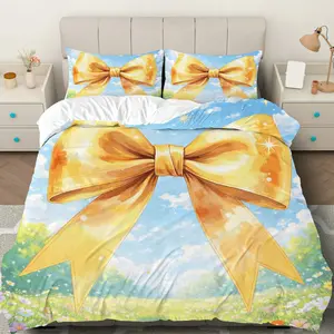 3PCS Duvet Cover Set, 1 Duvet+2 Pillowcases(Without filler), Bowknot Sky Floral Star Meadow theme, Easter bedding set, Golden Ribbon Suitable for decoration Bedroom Living Room Guest Room Hotel.