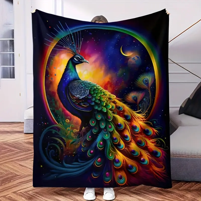 Starry Sky Peacock Flannel Plush Throw, Ultra-Soft Vibrant Cosmic Print Fleece Cover, Cozy Warm for Couch-Bed, All-Season Use, Ideal for Peacock Lovers and Blankets for Girlfriend