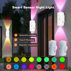 2 Pack Smart LED Night Light with Motion Sensor, RGB Gradient Dimmable Wall Lamp, USB Rechargeable Indoor Ambient Lighting, Magnetic Step Lamp for Entryway, Beside, Desk, Operated for Hallway Stairs Bedroom, Lampu ideal holiday gift
