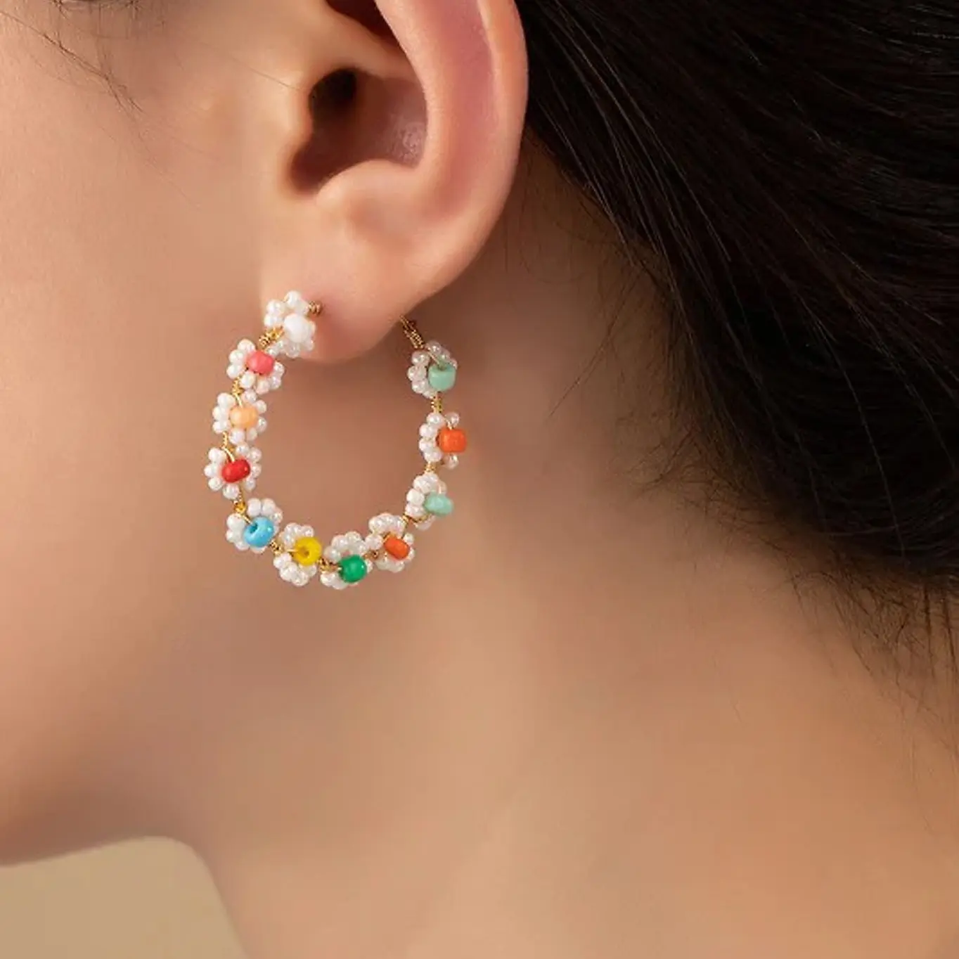 Hand done mini seed bead flower hoop earrings Female Casual - LA3ACCESSORIES Female