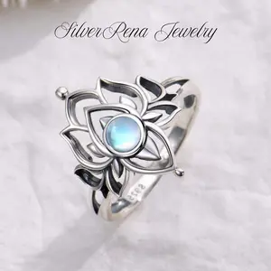 S925 Mother's Day Steling Silver Moonstone Lotus Ring, Spiritual Growth and Enlightenment Jewelry, Symbol of the Goddess Heqet, Pagan Symbol, Synthetic Moonstone Lotus Flower Jewelry