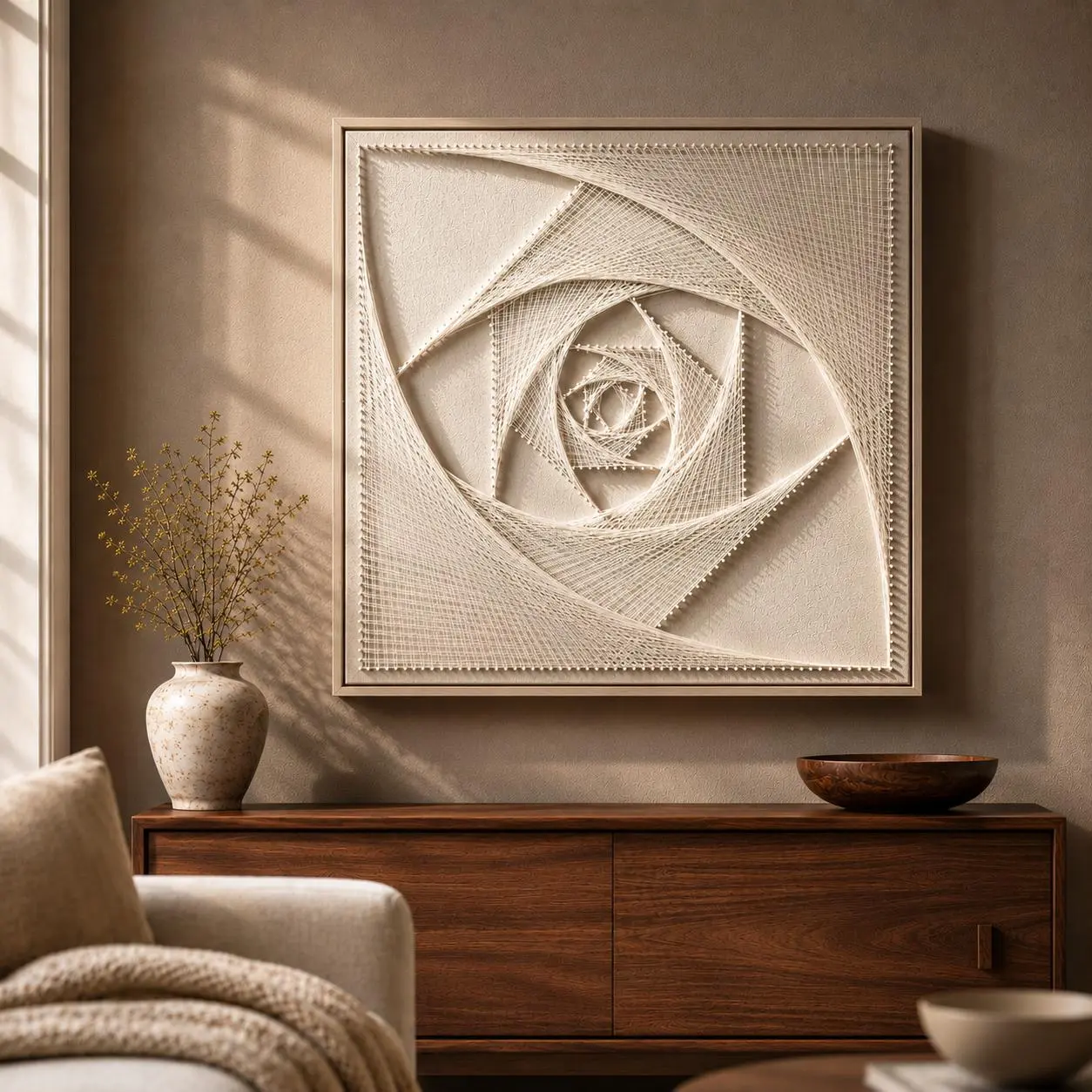 31.5" x 31.5" Minimalist Handmade Extra-Large Size Square Geometric 3D String Art with Raised Threads - Light Wood Indoor Wall Decoration, Accent Piece for Indoor Walls, Tranquil Gift for Women’s Meditation
