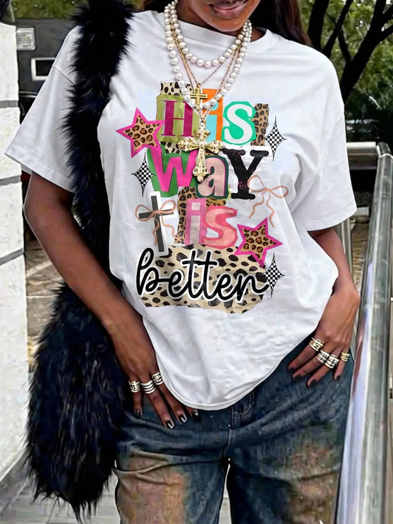 vintagefashion Women's Christian Pattern Loose Fit T-Shirt 'his Way Is Better' Leopard Cross Print Design, Casual Streetwear Style, Church Daily Wear Faith Activities，clothes #tiktokshopblackfriday #tiktokshopcybermonday #springfashion #top