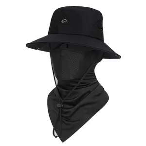 Outdoor Wide Brim Sun Hat with Ice Silk Neck Gaiter, Breathable Safari Fishing Hat with Mesh Face Mask, Foldable Beach Boonie Hat for Hiking & Work, Adjustable Drawstring, Unisex, High Quality Hat