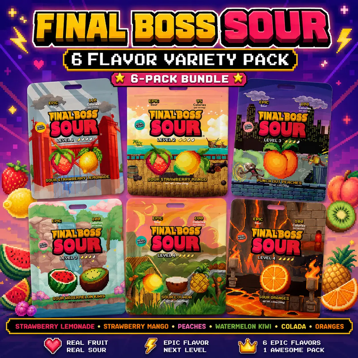 Final Boss Sour 6 Flavor Variety Pack - Real Fruit Real Sour Epic Flavor Next Level - Strawberry Lemonade, Strawberry Mango, Peaches, Watermelon Kiwi, Colada, Oranges a perfect  sweet snack gift  less sugar candy  chews