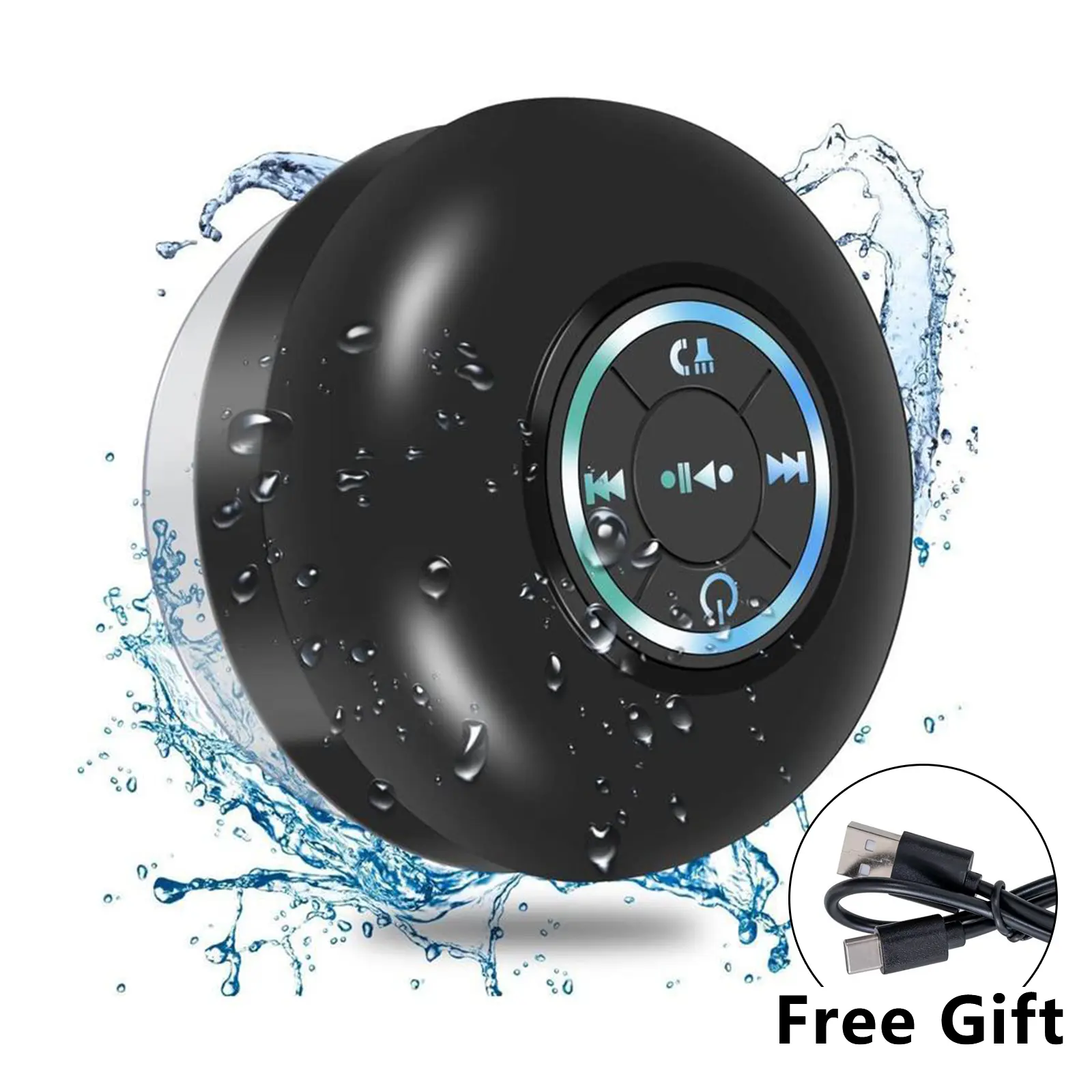 Mini Bluetooth Shower Speaker with LED Light, Portable IPX4 Waterproof, Hands-Free Speakerphone ,Rechargeable via Micro USB, Wireless Stereo for Beach ,Shower & Home