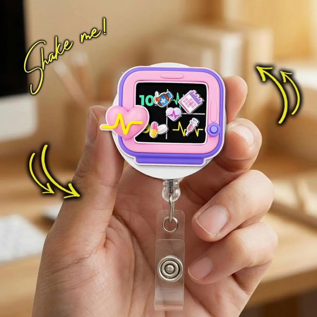 Heart Monitor Shaker Badge Reel, Playful EKG Nurse Retractable Badge Clip, Medical ID Holder RPC