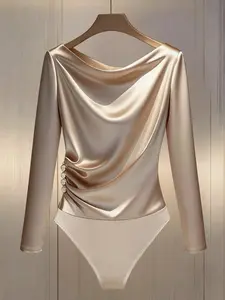 Women's Minimalist Long Sleeve Side Button Decor, Commuter Slim Fit Jumpsuit, Stylish and Comfortable One-Piece Bodysuit