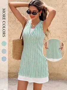 Women's Striped Tank Dress Faux Two Piece Sleeveless A Line Summer Fashion Dress with Hidden Side Pockets Split V Neck Outdoor Wear
