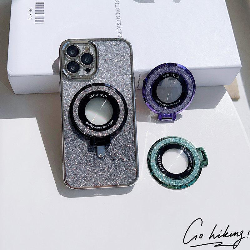 360-Degree Rotating Rhinestone & Glitter Mirror Stand — Universal Mobile Phone Holder, Desktop Support Ring, Adhesive Back Stand.