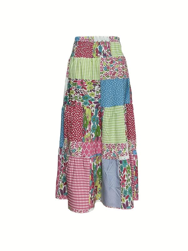 Plus Size Colorblock Print Pocket Skirt, Casual Waist Tie Long Half Skirt, Comfortable and Stylish Women's Fashion