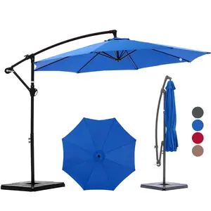 10FT Offset Patio Umbrella with Base, Cantilever Outdoor Umbrella with Crank, 8 Ribs, UV-Resistant & Vented Canopy for Patio, Pool, Garden