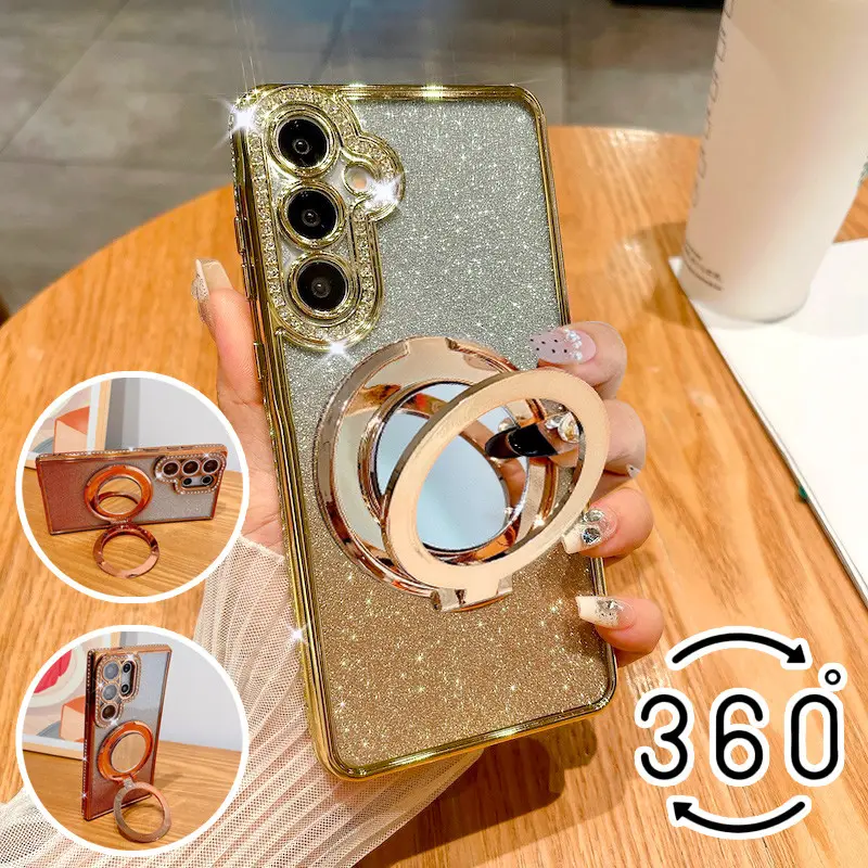 360° Rotating Mirror Ring Holder Protective Case for Samsung Smartphone A07 A17 A06 A16 A26 A36 A56 A14 A34 A54 A15 A25 A24 A35 A55 A05s 5G Glitter Wireless Charging Plating Cover Protector