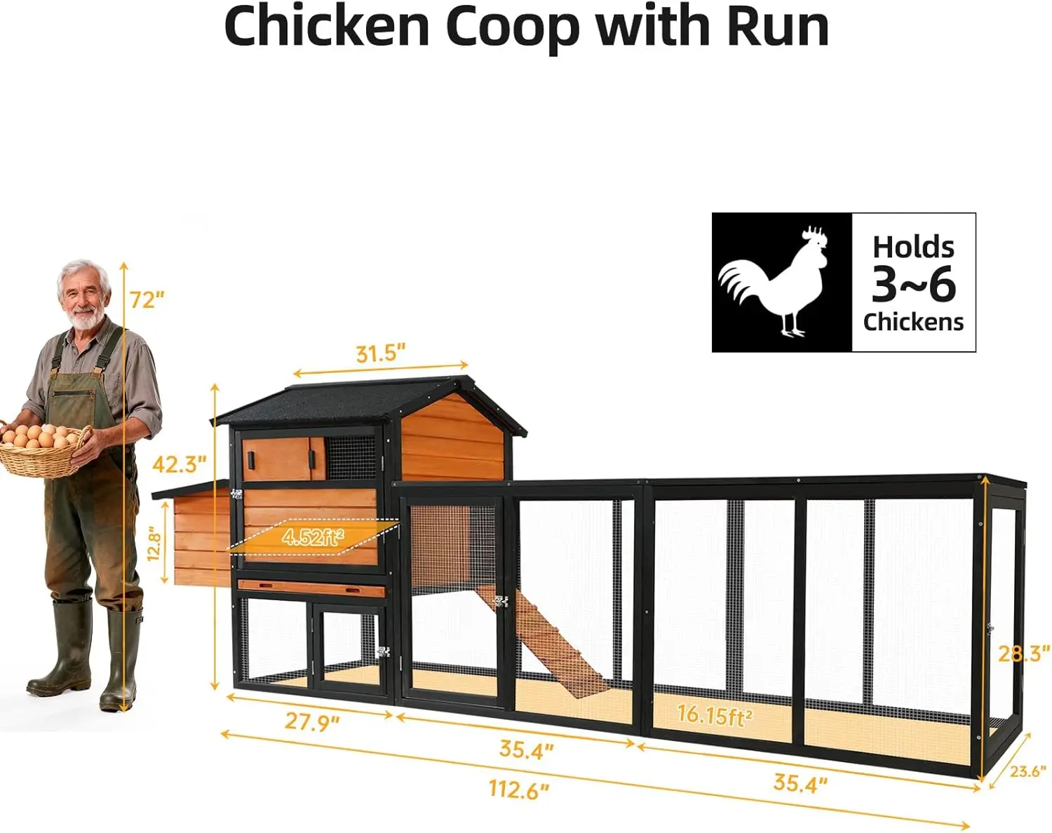 113inch Chicken Coop, Large Wooden Chicken Coop with Nesting Boxes & Run Cage for 3-6 Chickens, Outdoor Hen House Poultry Hutch Rabbit Cage with No-Slip Ramp & Pull-Out Tray for Backyard Farm