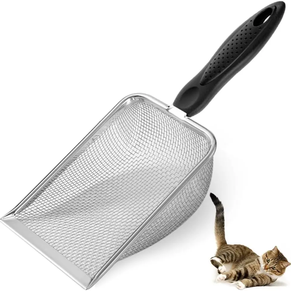 Sturdy Cat Litter Scoop, Stainless Steel Mesh Shovel, Easy-Clean Corner Design, Durable Litter Box Scooper, Multi-Use Cleaning Tool