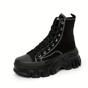 Unisex Black High-Top Platform Boots with White Stitching Comfortable Non-Slip Rubber Sole Lace-Up Design for Outdoor & Casual Wear Plus Size Available Street Style Flatform Sneakers for Boys Ballroom Chunky