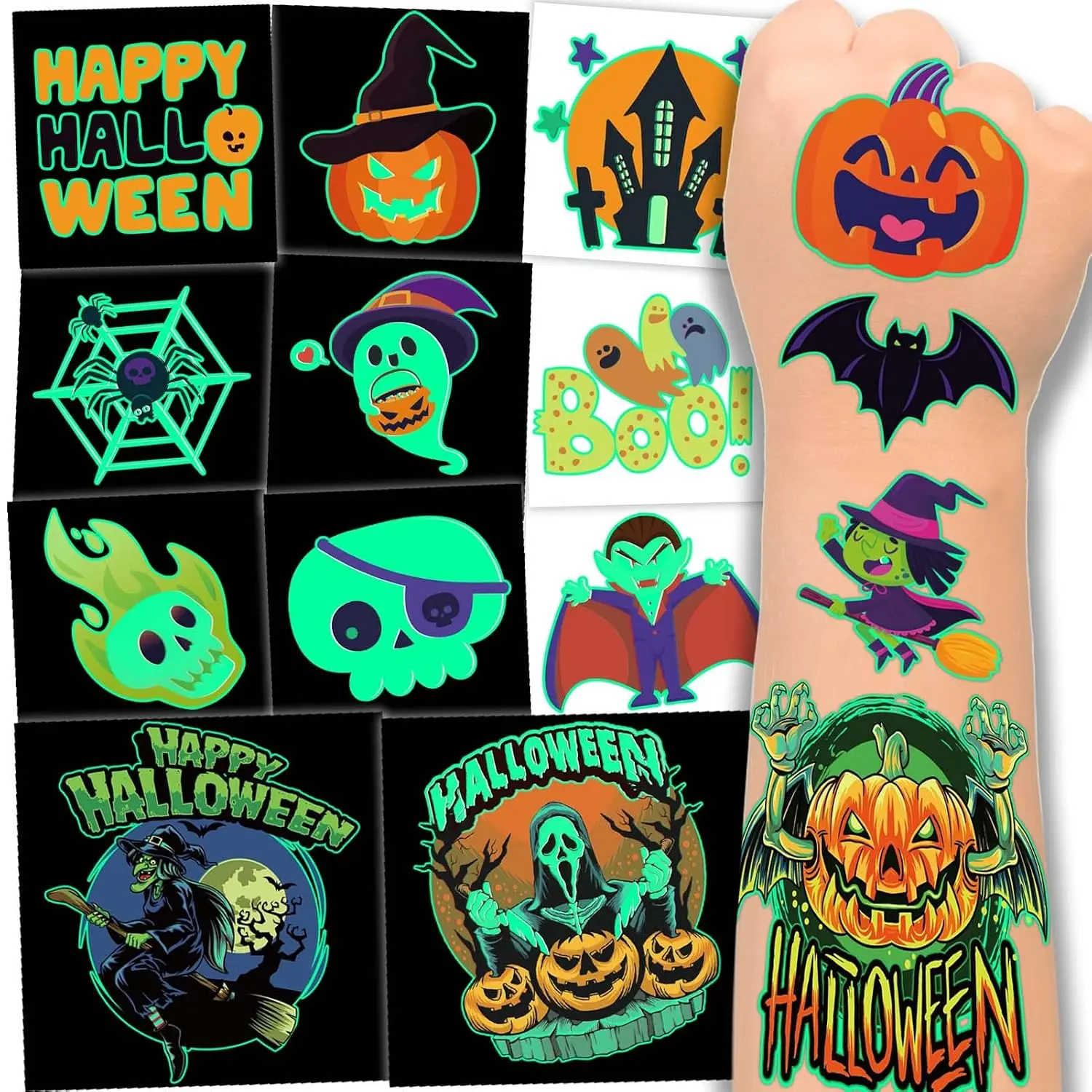 340 Pcs Glow in the Dark Halloween Temporary Tattoos for Kids | 85 designs in 2 sizes, pre-cut and individually wrapped; ideal for Halloween party favors, classroom prize and trick or treat