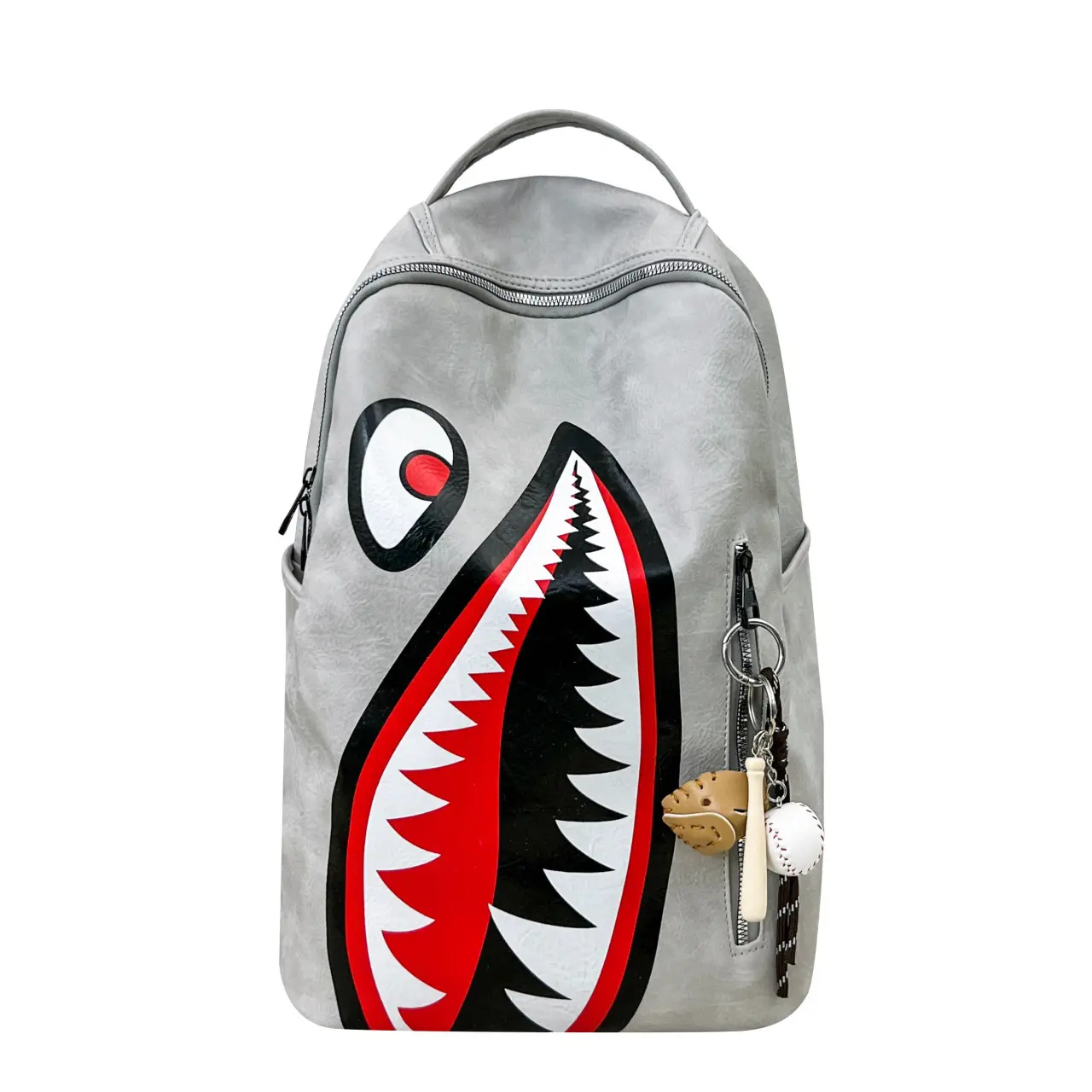 Sprayground Light Grey Faux-Leather Big Shark Mouth Print Backpack - With Baseball Keychain, Hype Streetwear, Large Capacity Laptop Bag For Teen Boys, School & Daily Casual Use