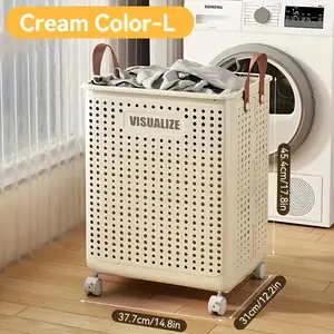 Foldable plastic storage basket with wheels, breathable laundry basket with handles, suitable for clothing, toys, grocery storage and home finishing